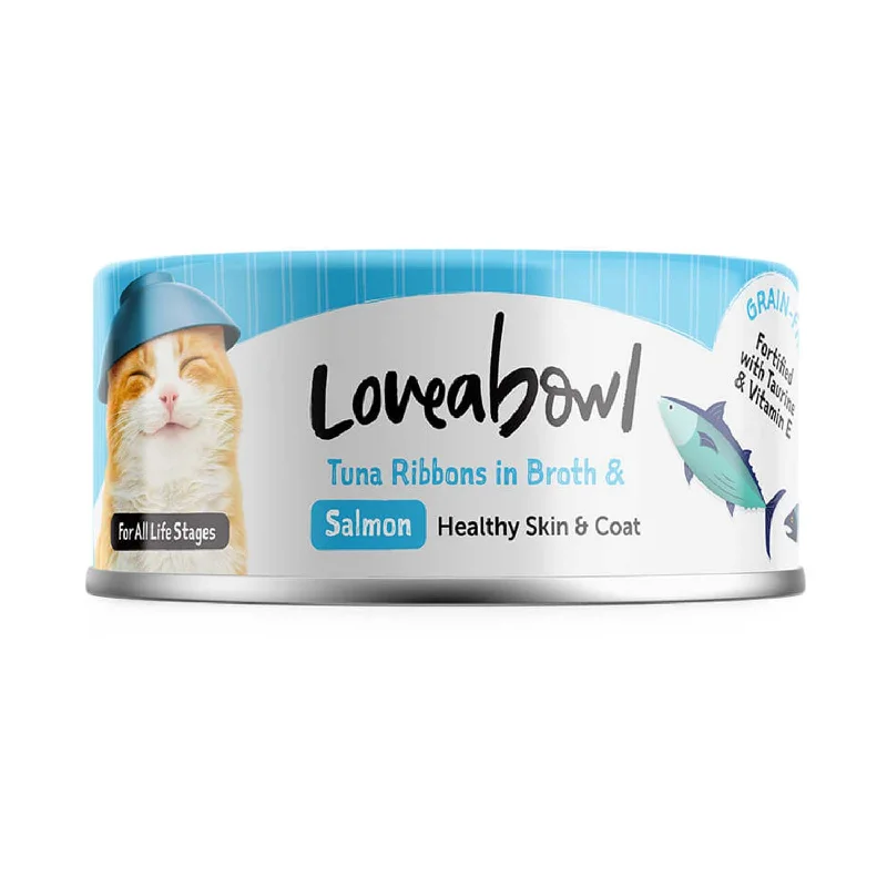    - Cat food for multi-cat households  Loveabowl Tuna Ribbons in Broth with Salmon