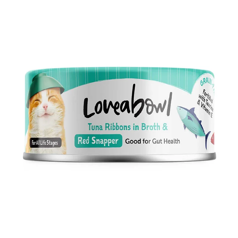    - Indoor cat food  Loveabowl Tuna Ribbons in Broth with Red Snapper