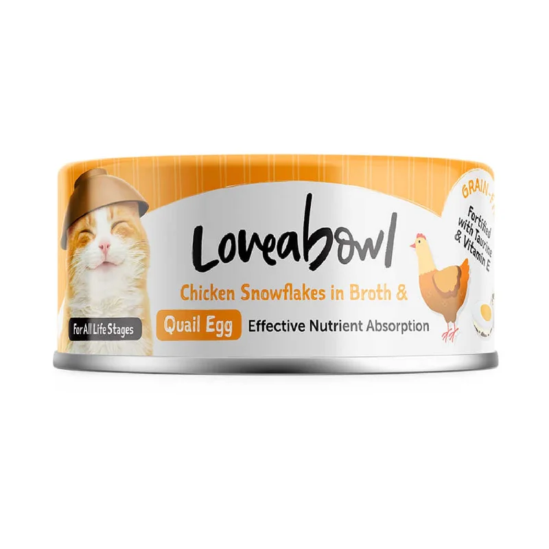    - High-protein cat food  Loveabowl Chicken Snowflakes in Broth with Quail Egg