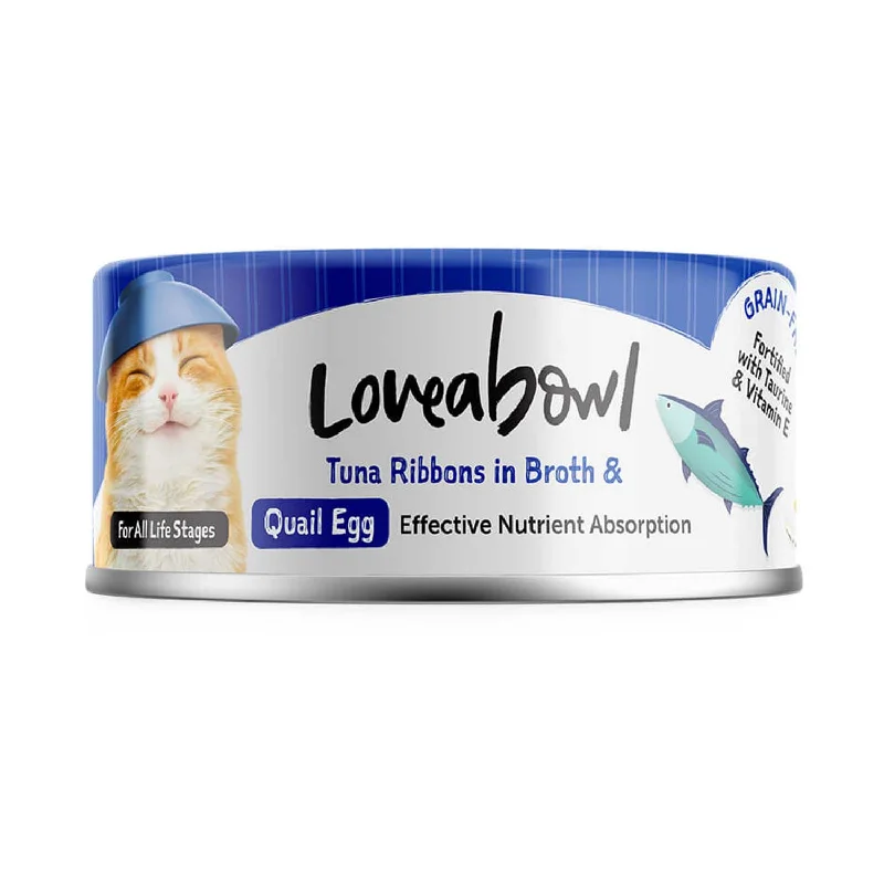    - Outdoor cat food  Loveabowl Tuna Ribbons in Broth with Quail Egg