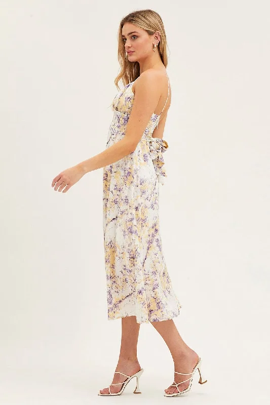 Abstract Print Gathered Bust Tie Back Midi Dress