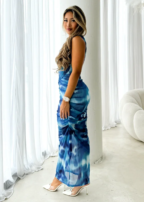 Amy One Shoulder Mesh Midi Dress - Blue Tie Dye