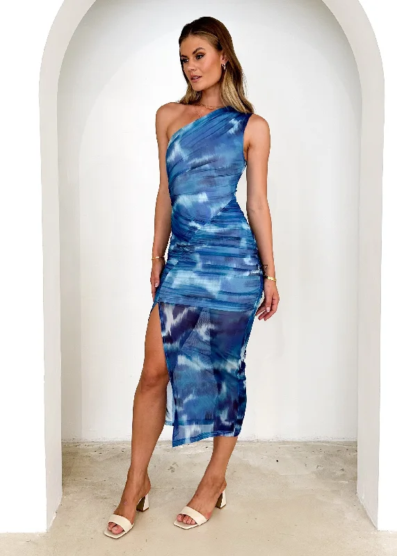 Amy One Shoulder Mesh Midi Dress - Blue Tie Dye