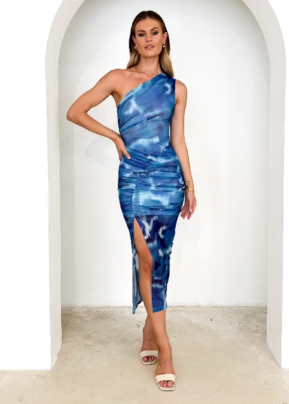 Amy One Shoulder Mesh Midi Dress - Blue Tie Dye