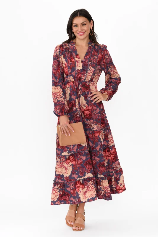 Berry Kiss Red Floral Linen Blend Dress