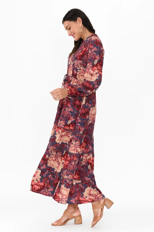 Berry Kiss Red Floral Linen Blend Dress