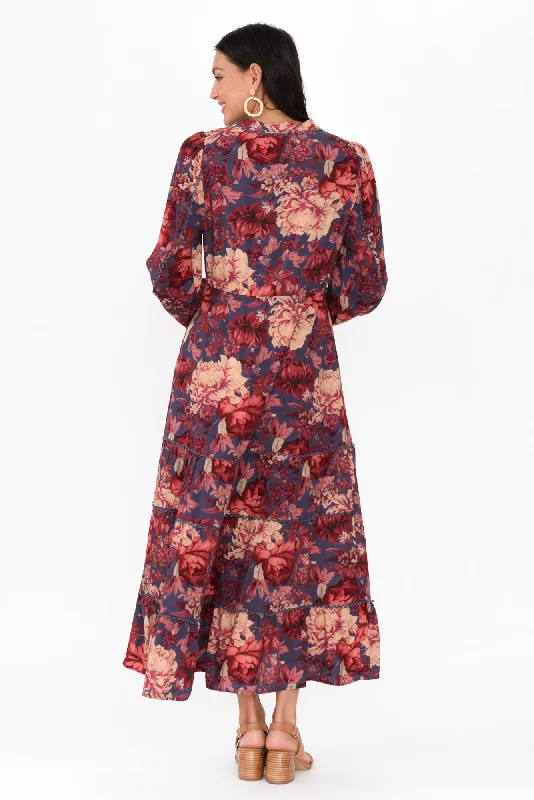 Berry Kiss Red Floral Linen Blend Dress