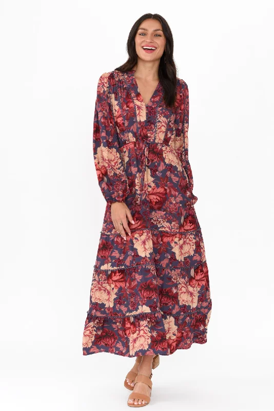 Berry Kiss Red Floral Linen Blend Dress