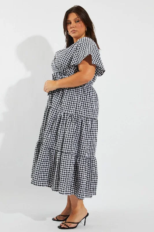 Black Check Midi Dress Short Sleeve Wrap Front Self Tie