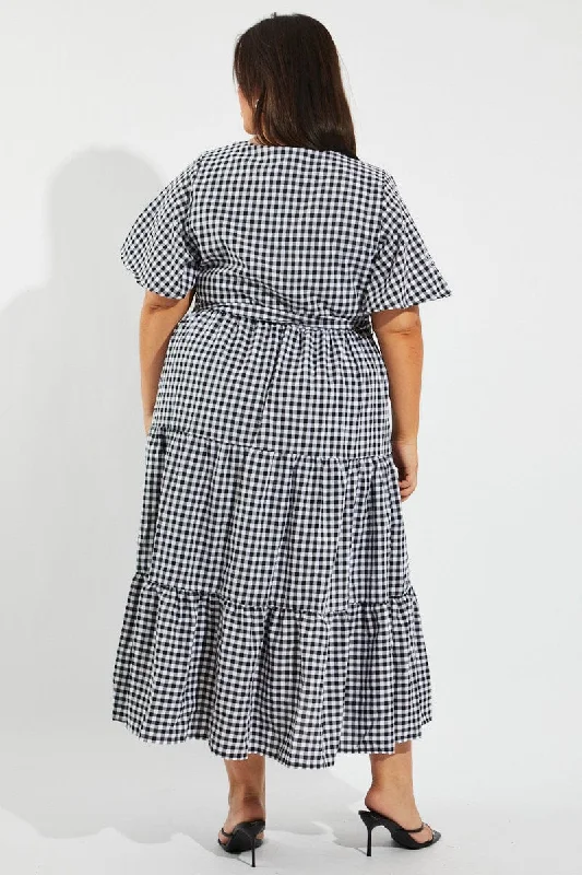 Black Check Midi Dress Short Sleeve Wrap Front Self Tie