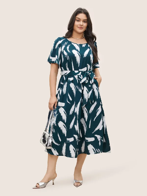 Brush Print Belted Pocket Elastic Waist Dress