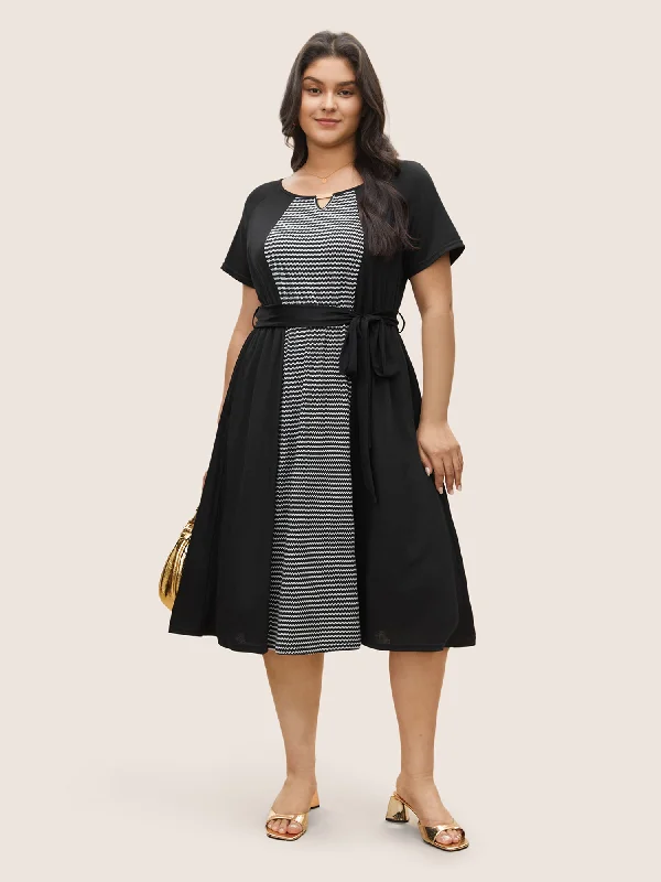 Striped Patchwork Keyhole Belted Raglan Sleeve Dress