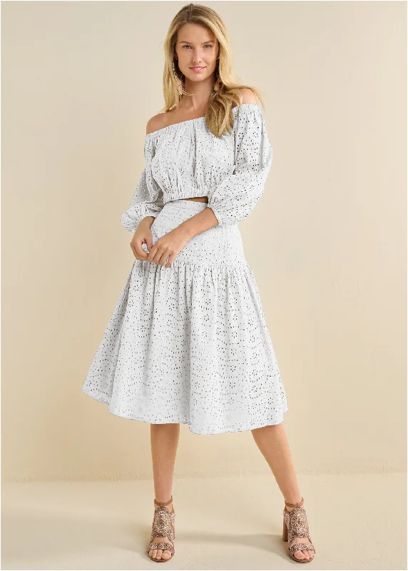 Two-piece eyelet midi dress - White