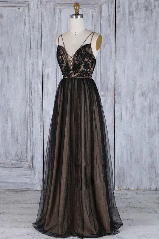 A-Line Deep V-Neck Sweep Train Black Tulle Backless Prom Dress  PSK098