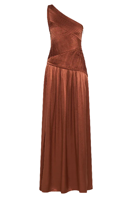 Jenna One Shoulder Pleated Maxi Dress - Wood