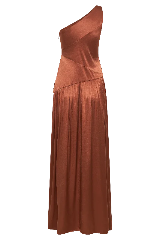 Jenna One Shoulder Pleated Maxi Dress - Wood