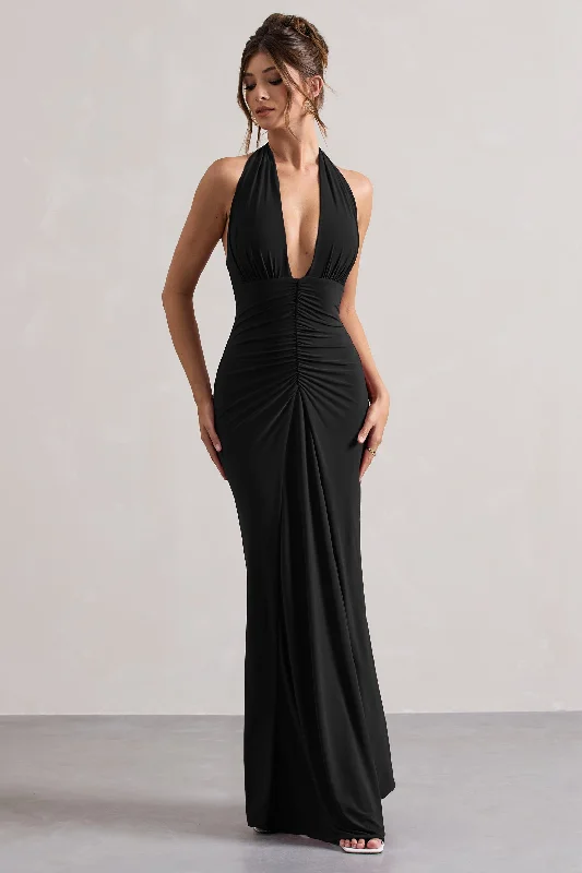 Payton | Black Ruched Halter-Neck Maxi Dress