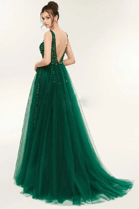 V Neck Green Open Back Tulle Long Prom Dresses With Sequins  PSK104