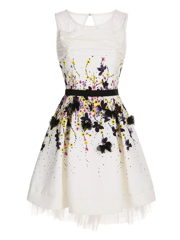 White 1960s Colorful Floral Sleeveless Dress