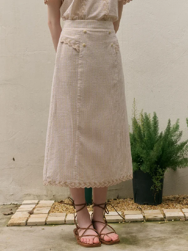 Briana Double Breasted Buttons Wavy Embroidered Checked Cotton Skirt