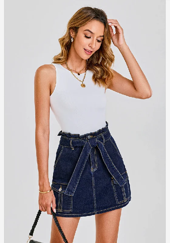 Dark Blue Women's High Waisted Denim Jean Skorts With Pocket Elastic PaperBag Waist Skorts