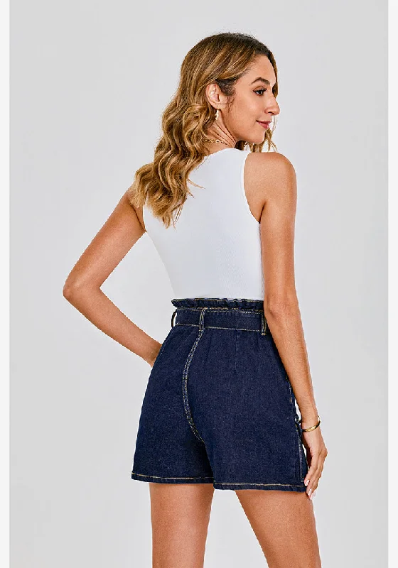 Dark Blue Women's High Waisted Denim Jean Skorts With Pocket Elastic PaperBag Waist Skorts