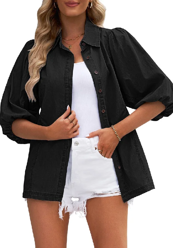 Black 2023 Denim Shirt Women Button Down Chambray Oversized Puff Sleeve Blouses Distressed Western Jean Tops