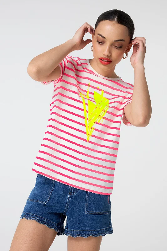 Ivory with Coral Stripe and Neon Yellow Glitch Bolt T-Shirt