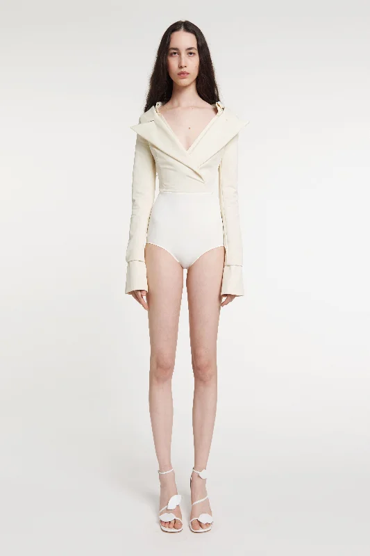 Low Cut Décolleté Bodysuit Shirting Detail Ivory