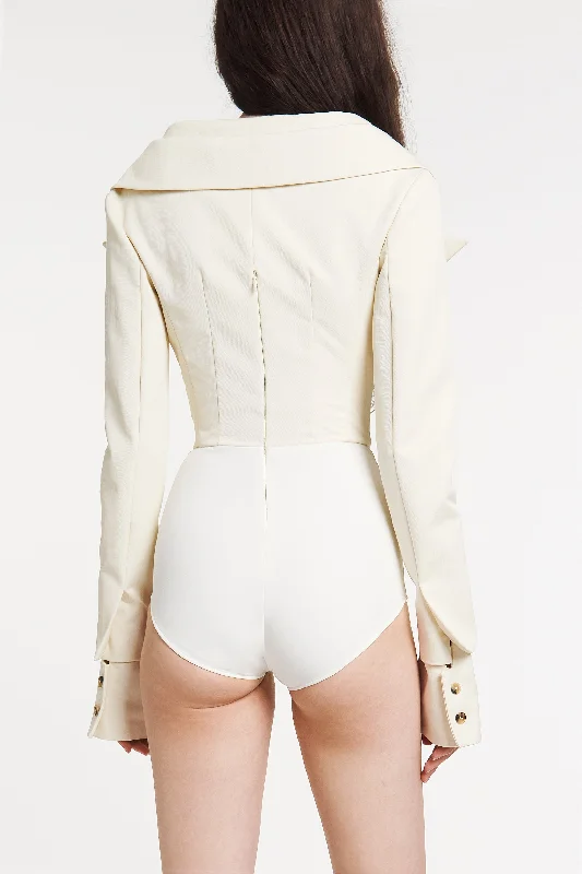 Low Cut Décolleté Bodysuit Shirting Detail Ivory