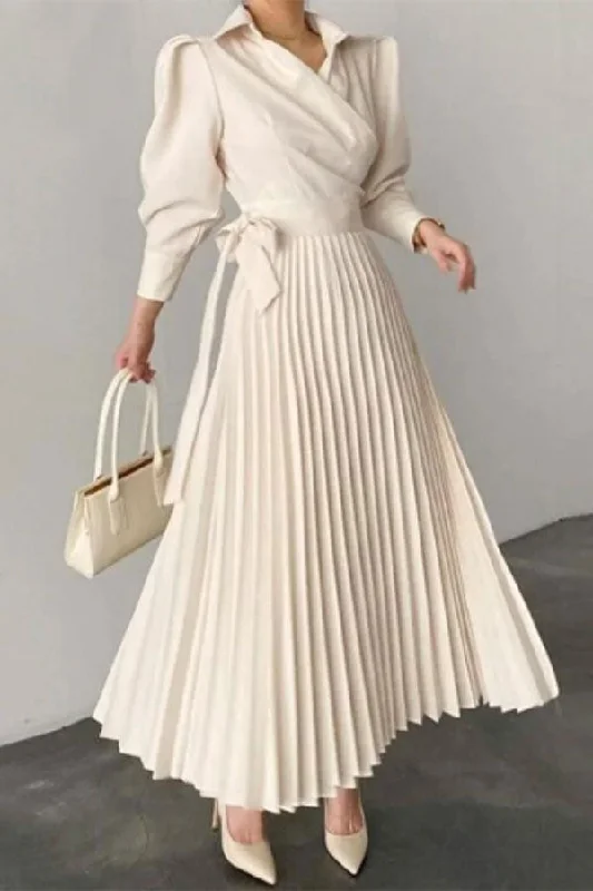 Solid Color Commuting Lace-Up Pleated Midi Dress