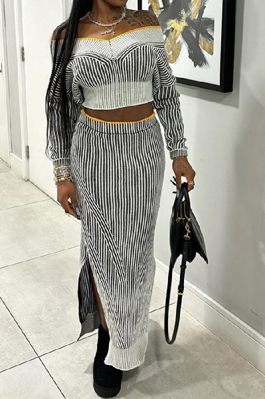 Vertical Striped Off Shoulder Chic Dress Suit