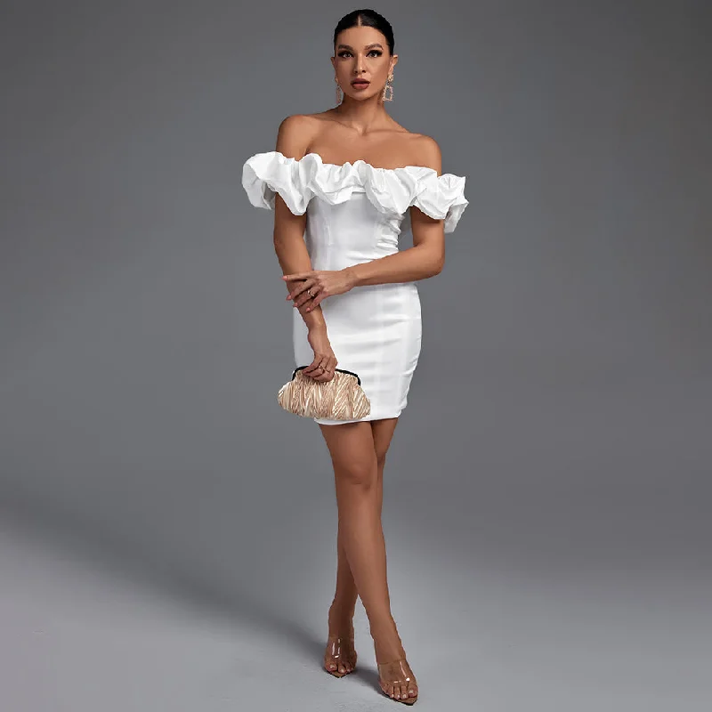 Off Shoulder Short Sleeve Frill Mini Bodycon Dress