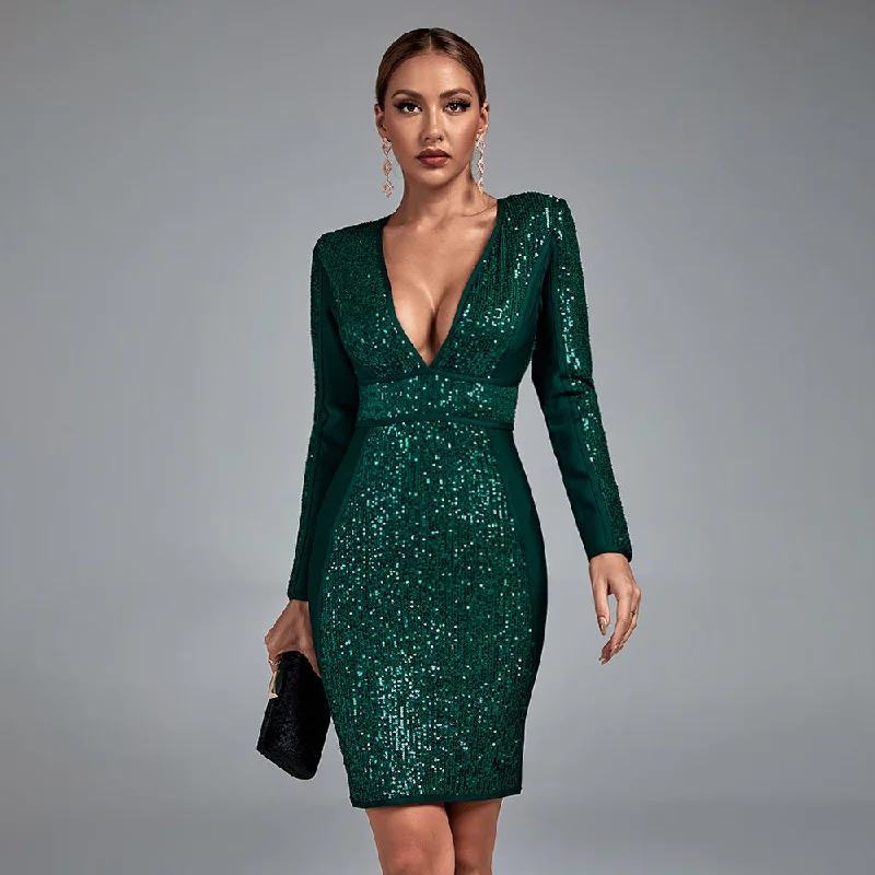 Sequined Deep V Mini Bandage Dress