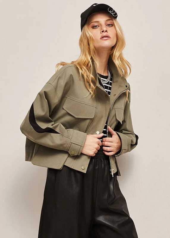 Boutique Khaki Stand Collar Oversized Patchwork Cotton Jacket Spring