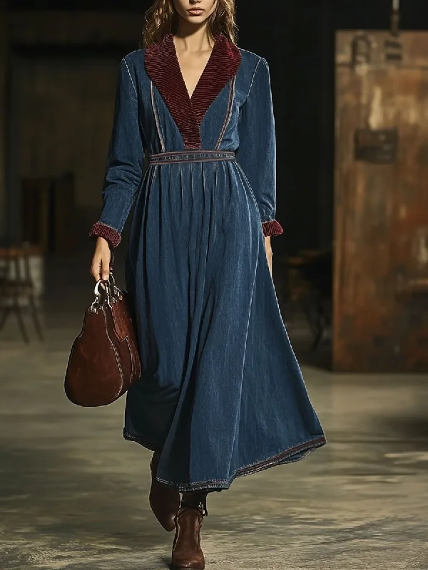 Casual Vintage Denim Corduroy Patchwork Pocket Long Sleeve Maxi Dress