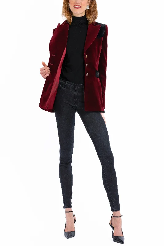 Blazer in deep crimson-red velvet with black pony-hair-velvet accents